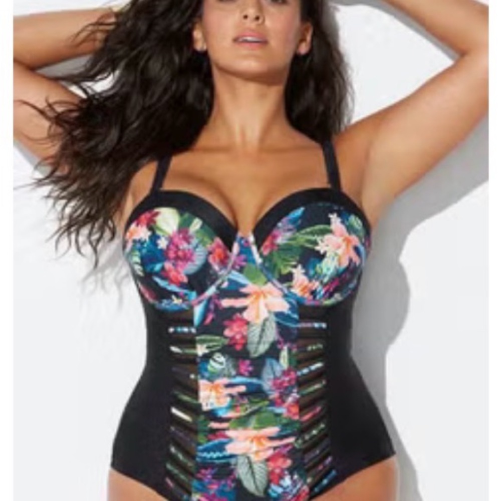 Swimsuits For All Black Floral RUCHED UNDERWIRE ONE PIECE SWIMSUIT